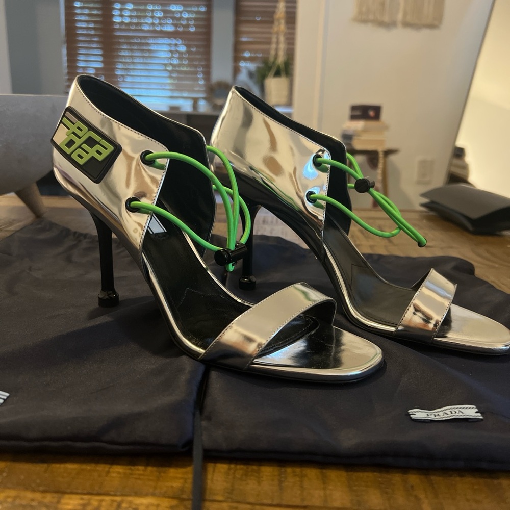 Prada Silver and Green Heels for a Bold Statement